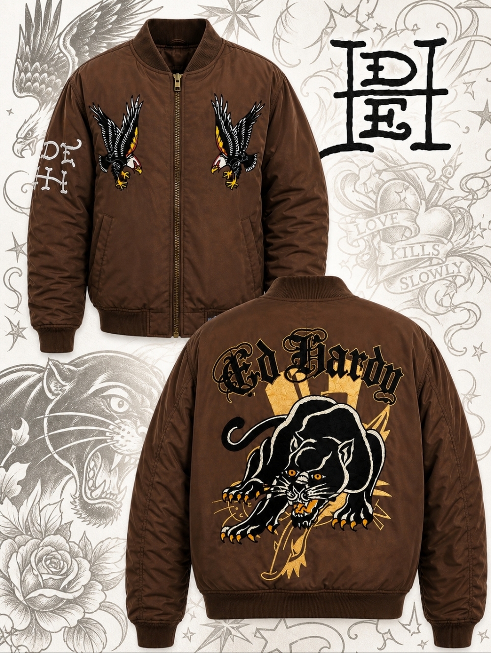 ED HARDY Black Panther Plush Bomber Jacket - Brown MENS Small NWT
